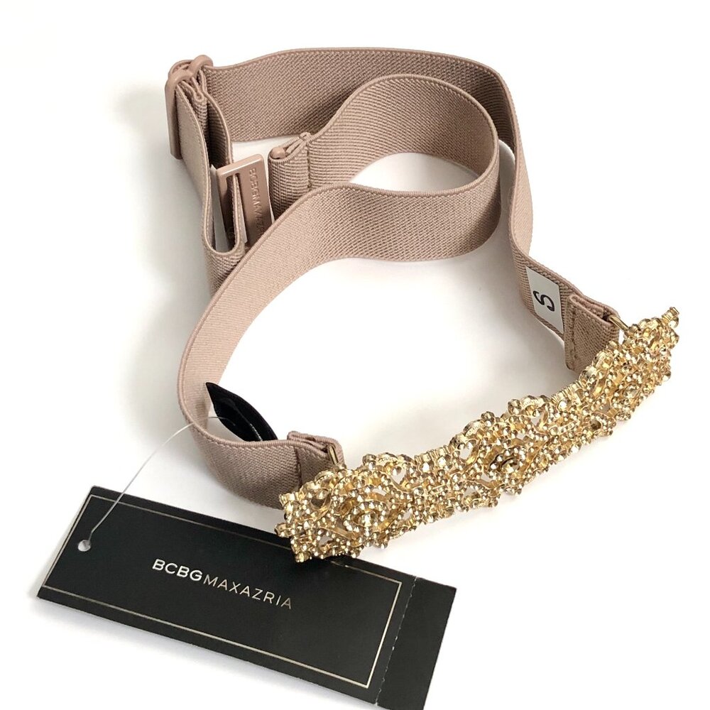 BCBGMaxAzria Metal Gold Diamond Front Elastic Waist Belt Stone LT Peach.